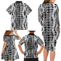 Hawaiian Ohia Lehua Lei Family Matching Long Sleeve Bodycon Dress and Hawaiian Shirt Plaid Palaka Eleele Pattern - Polynesian Pride