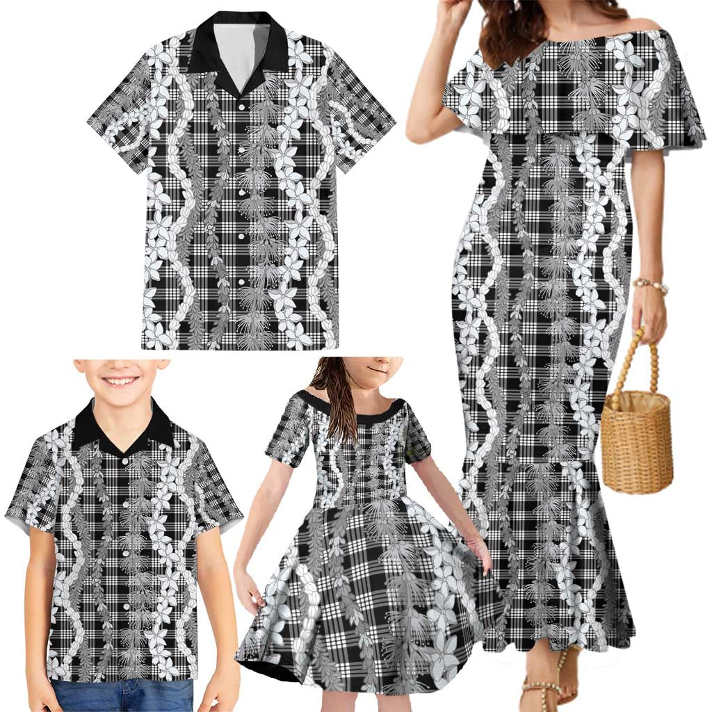 Hawaiian Ohia Lehua Lei Family Matching Mermaid Dress and Hawaiian Shirt Plaid Palaka Eleele Pattern - Polynesian Pride
