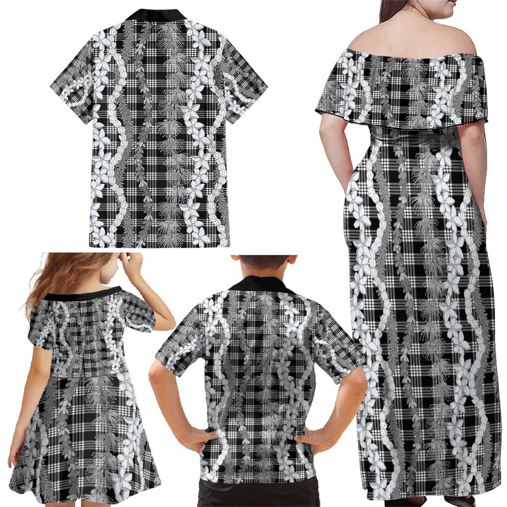 Hawaiian Ohia Lehua Lei Family Matching Off Shoulder Maxi Dress and Hawaiian Shirt Plaid Palaka Eleele Pattern - Polynesian Pride