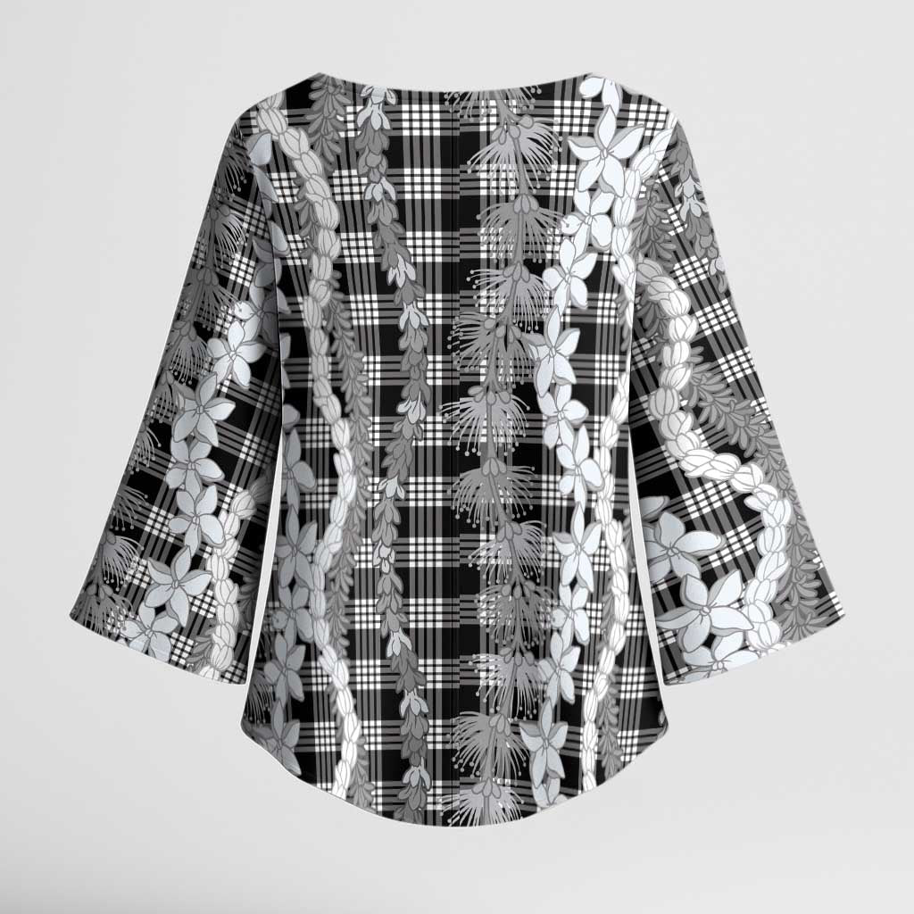 Hawaiian Ohia Lehua Lei Kimono Sleeve Blouse Plaid Palaka Eleele Pattern - Polynesian Pride