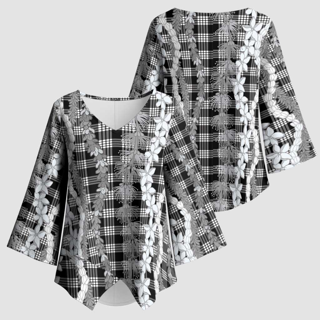 Hawaiian Ohia Lehua Lei Kimono Sleeve Blouse Plaid Palaka Eleele Pattern - Polynesian Pride