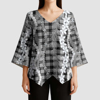Hawaiian Ohia Lehua Lei Kimono Sleeve Blouse Plaid Palaka Eleele Pattern - Polynesian Pride