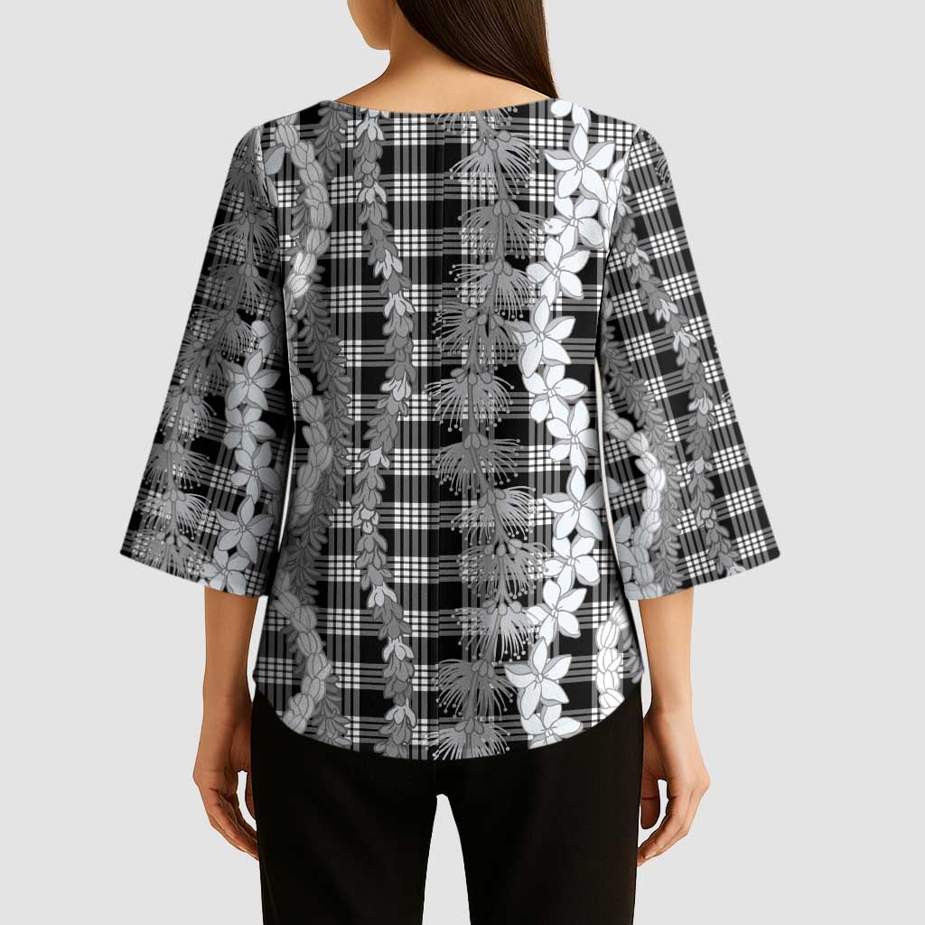 Hawaiian Ohia Lehua Lei Kimono Sleeve Blouse Plaid Palaka Eleele Pattern - Polynesian Pride