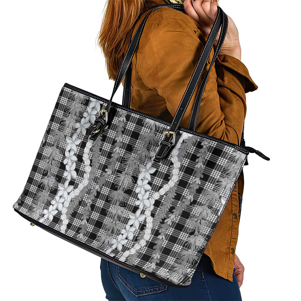 Hawaiian Ohia Lehua Lei Leather Tote Bag Plaid Palaka Eleele Pattern - Polynesian Pride