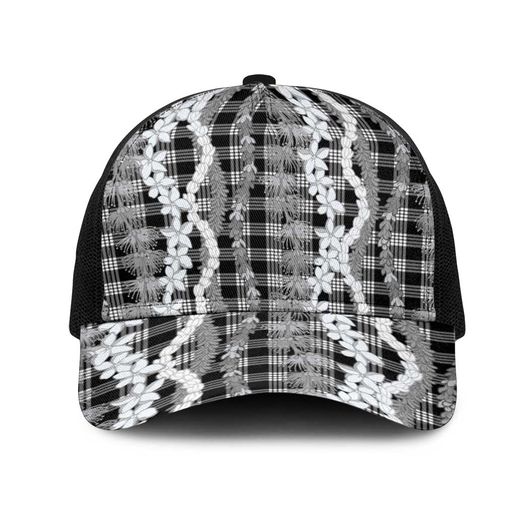 Hawaiian Ohia Lehua Lei Mesh Trucker Cap Plaid Palaka Eleele Pattern - Polynesian Pride