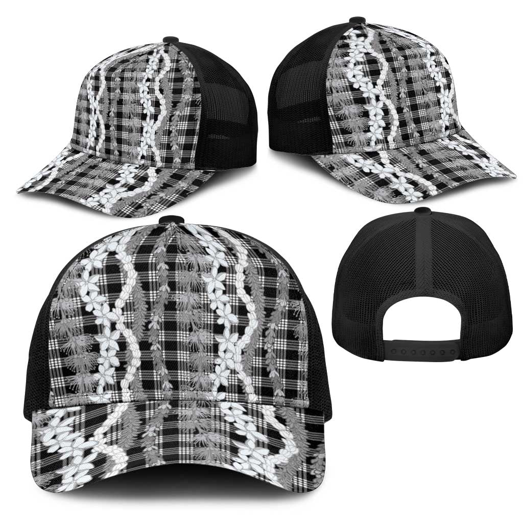Hawaiian Ohia Lehua Lei Mesh Trucker Cap Plaid Palaka Eleele Pattern - Polynesian Pride