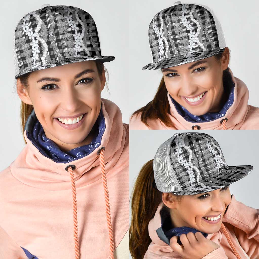 Hawaiian Ohia Lehua Lei Mesh Trucker Cap Plaid Palaka Eleele Pattern - Polynesian Pride