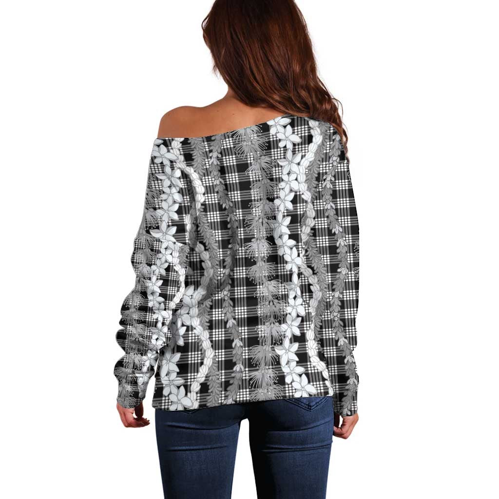 Hawaiian Ohia Lehua Lei Off Shoulder Sweater Plaid Palaka Eleele Pattern - Polynesian Pride