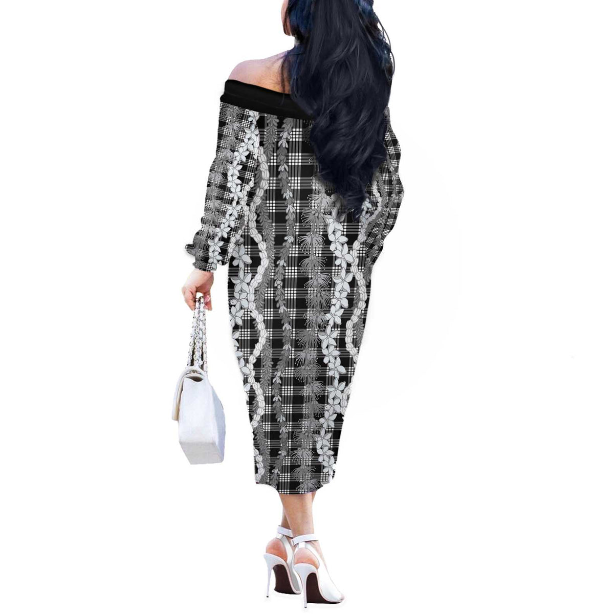 Hawaiian Ohia Lehua Lei Off The Shoulder Long Sleeve Dress Plaid Palaka Eleele Pattern - Polynesian Pride