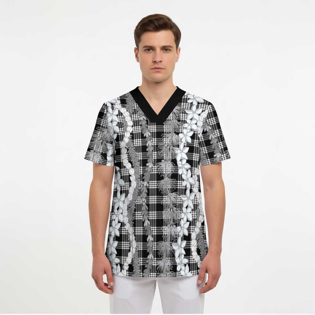 Hawaiian Ohia Lehua Lei Scrub Top Plaid Palaka Eleele Pattern - Polynesian Pride