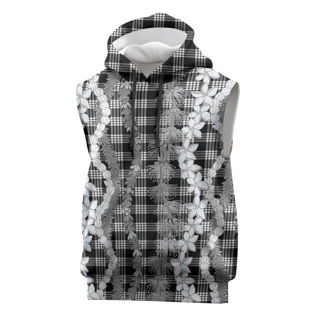 Hawaiian Ohia Lehua Lei Sleeveless Hoodie Plaid Palaka Eleele Pattern - Polynesian Pride