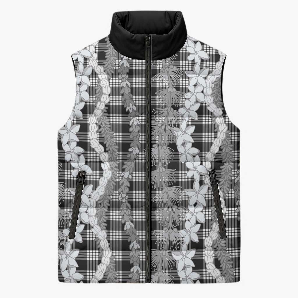 Hawaiian Ohia Lehua Lei Sleeveless Puffer Jacket Plaid Palaka Eleele Pattern - Polynesian Pride