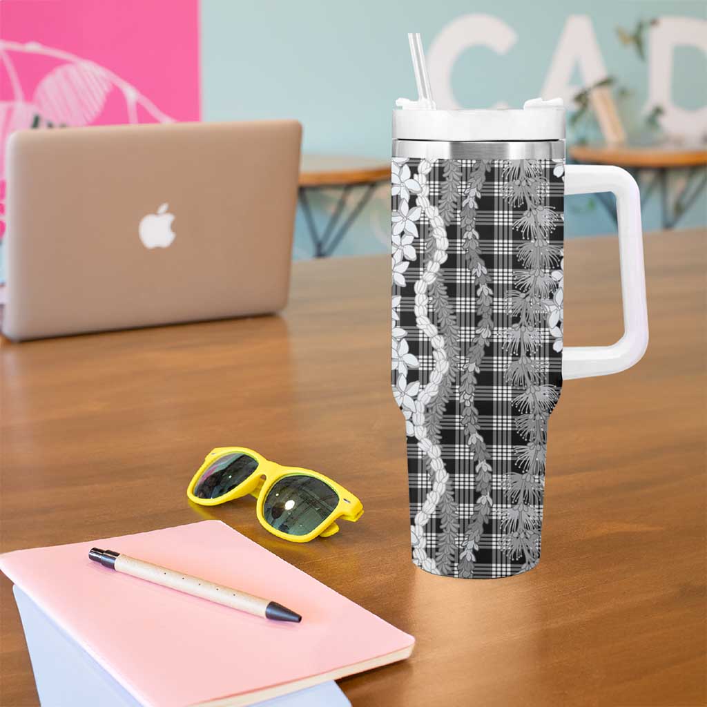 Hawaiian Ohia Lehua Lei Tumbler With Handle Plaid Palaka Eleele Pattern - Polynesian Pride