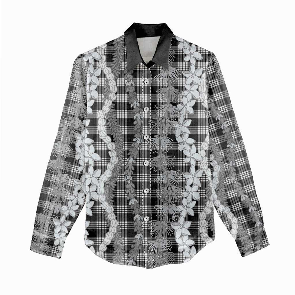 Hawaiian Ohia Lehua Lei Women Casual Shirt Plaid Palaka Eleele Pattern - Polynesian Pride