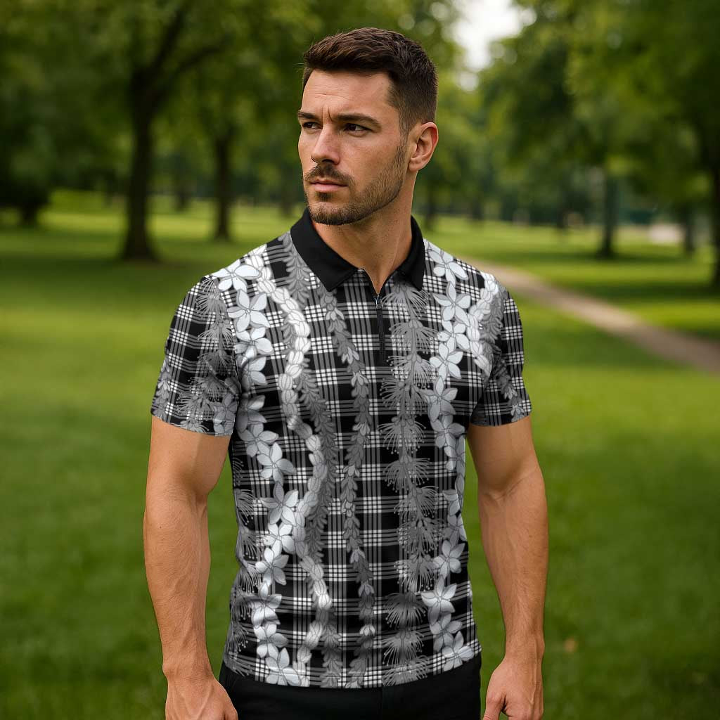 Hawaiian Ohia Lehua Lei Zipper Polo Shirt Plaid Palaka Eleele Pattern - Polynesian Pride