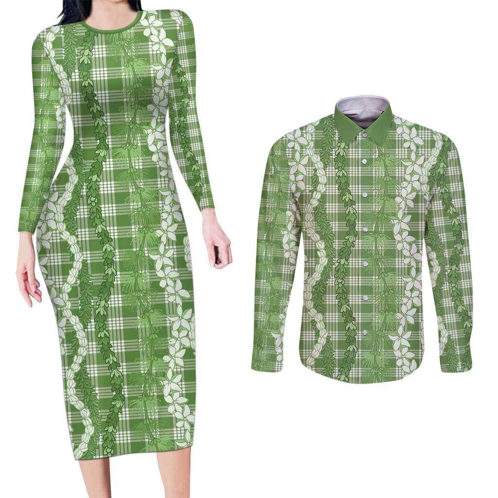 Hawaiian Ohia Lehua Lei Couples Matching Long Sleeve Bodycon Dress and Long Sleeve Button Shirt Plaid Palaka Omaomao Pattern - Polynesian Pride