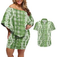 Hawaiian Ohia Lehua Lei Couples Matching Off Shoulder Short Dress and Hawaiian Shirt Plaid Palaka Omaomao Pattern - Polynesian Pride