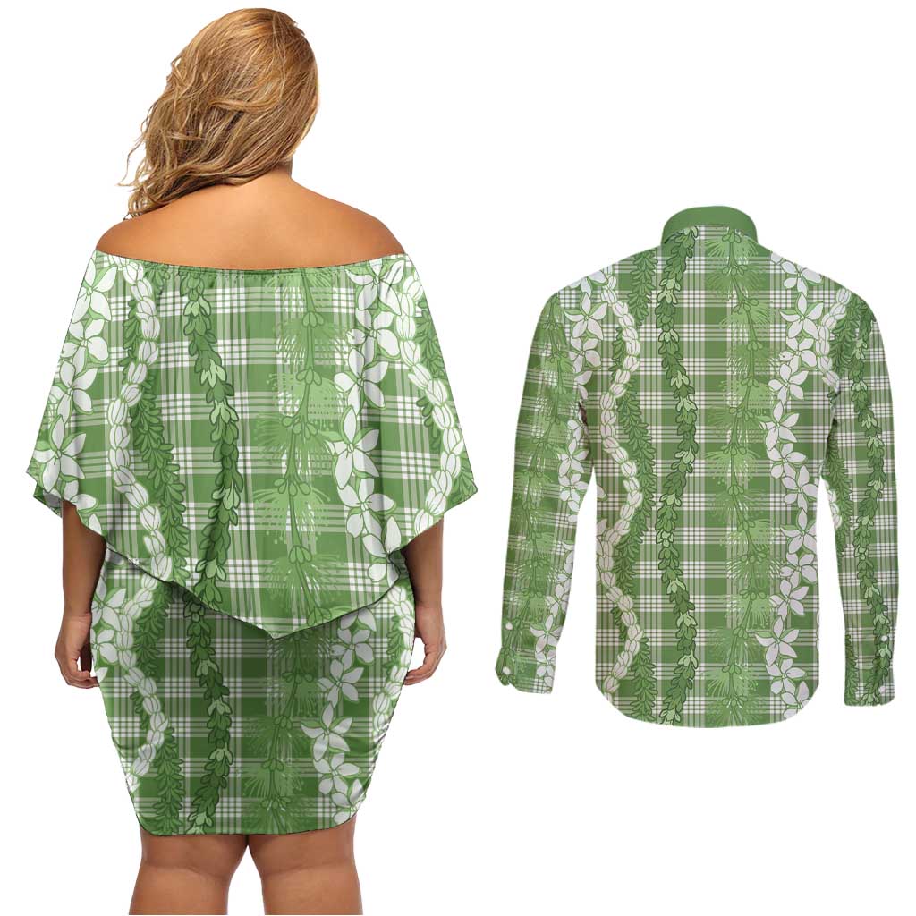 Hawaiian Ohia Lehua Lei Couples Matching Off Shoulder Short Dress and Long Sleeve Button Shirt Plaid Palaka Omaomao Pattern - Polynesian Pride