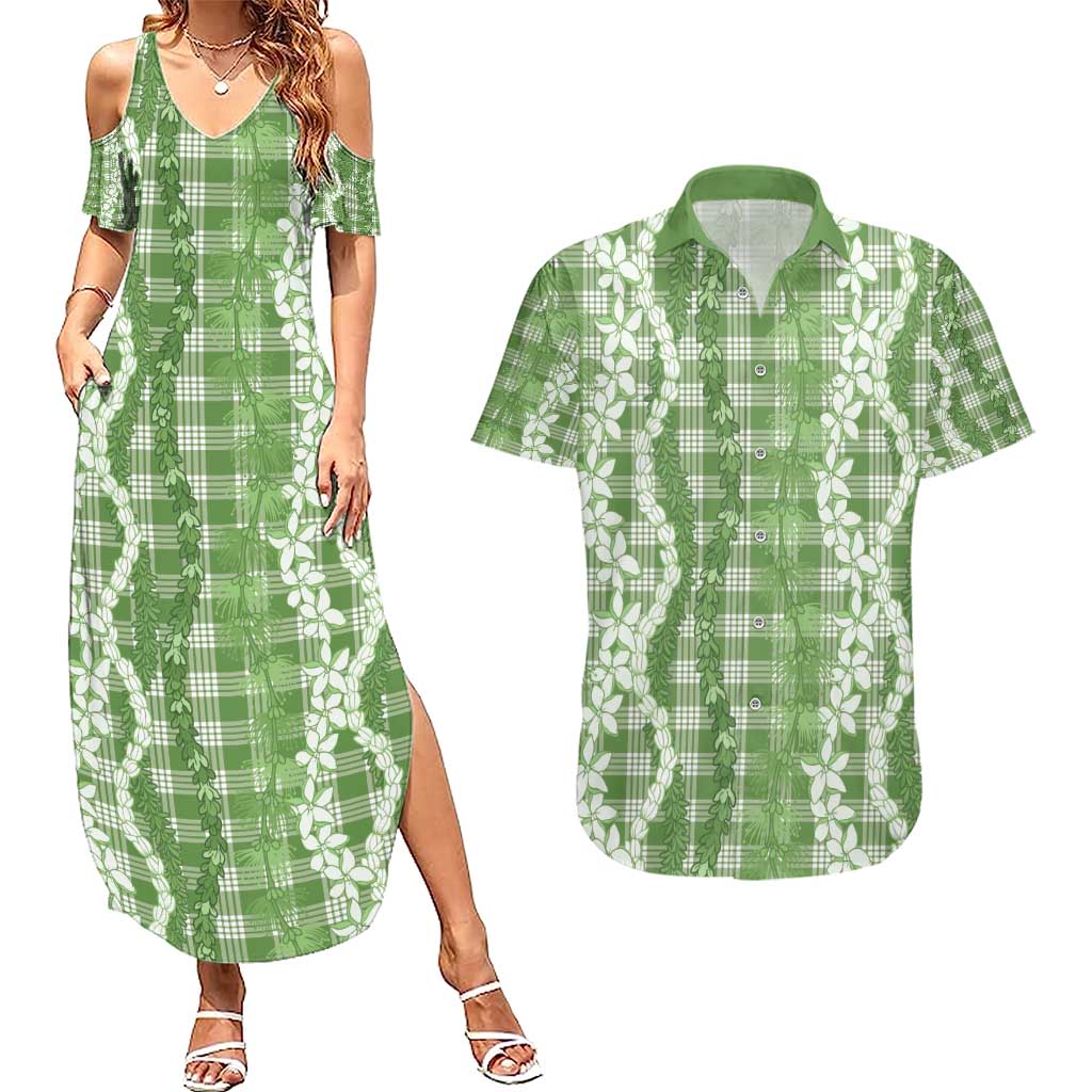 Hawaiian Ohia Lehua Lei Couples Matching Summer Maxi Dress and Hawaiian Shirt Plaid Palaka Omaomao Pattern - Polynesian Pride