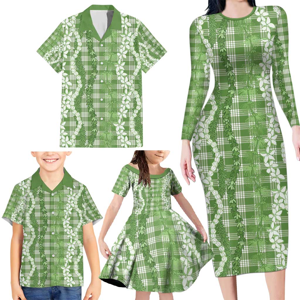 Hawaiian Ohia Lehua Lei Family Matching Long Sleeve Bodycon Dress and Hawaiian Shirt Plaid Palaka Omaomao Pattern - Polynesian Pride