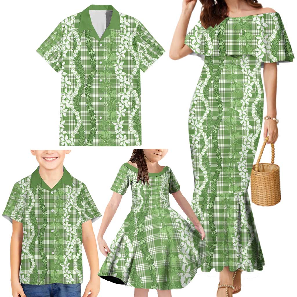 Hawaiian Ohia Lehua Lei Family Matching Mermaid Dress and Hawaiian Shirt Plaid Palaka Omaomao Pattern - Polynesian Pride
