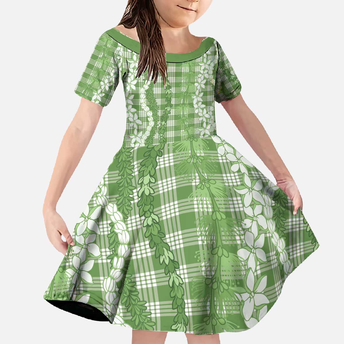 Hawaiian Ohia Lehua Lei Family Matching Off The Shoulder Long Sleeve Dress and Hawaiian Shirt Plaid Palaka Omaomao Pattern - Polynesian Pride