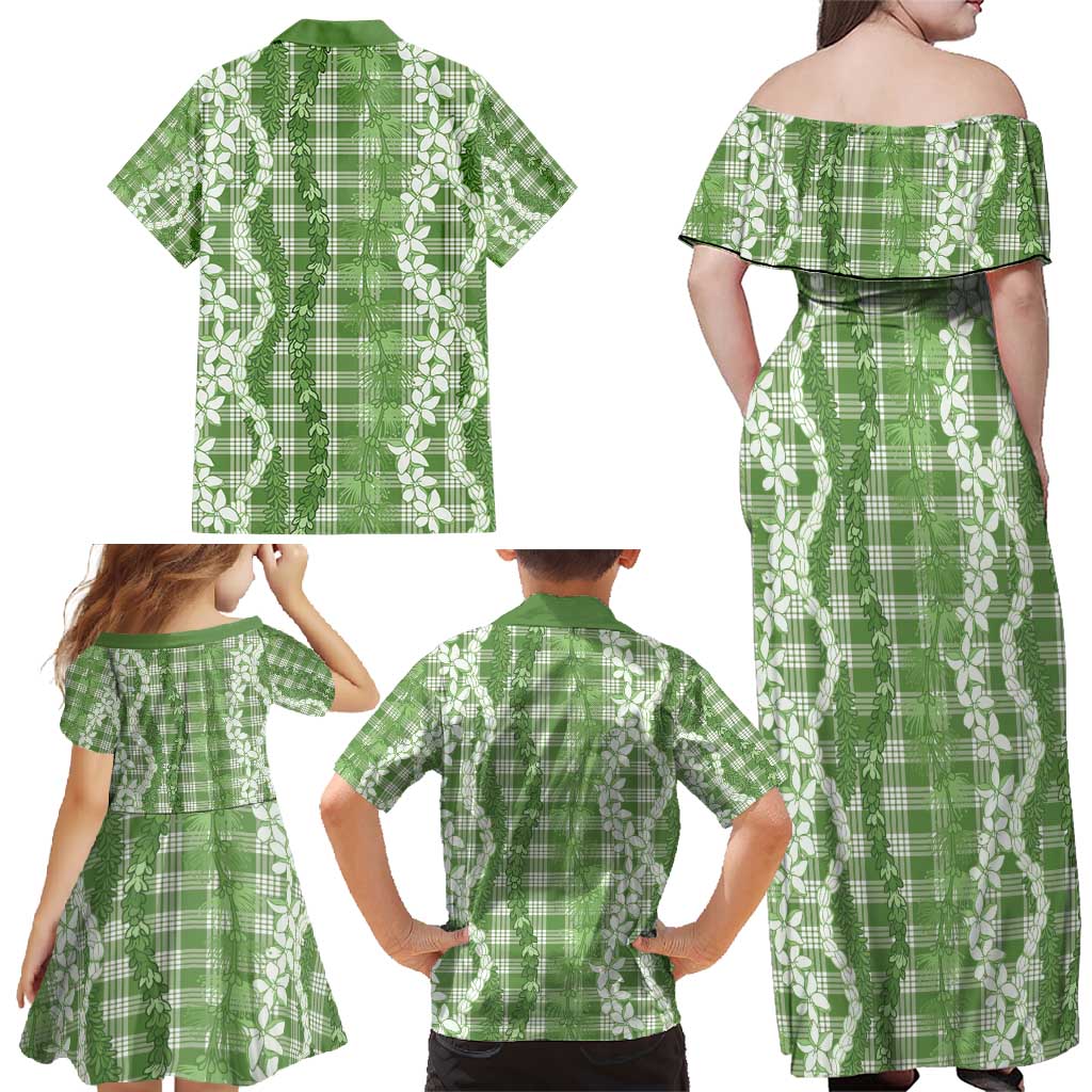 Hawaiian Ohia Lehua Lei Family Matching Off Shoulder Maxi Dress and Hawaiian Shirt Plaid Palaka Omaomao Pattern - Polynesian Pride