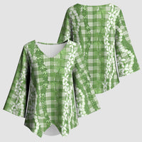 Hawaiian Ohia Lehua Lei Kimono Sleeve Blouse Plaid Palaka Omaomao Pattern - Polynesian Pride