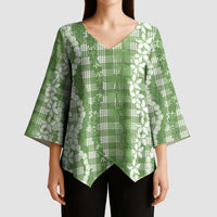 Hawaiian Ohia Lehua Lei Kimono Sleeve Blouse Plaid Palaka Omaomao Pattern - Polynesian Pride