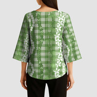 Hawaiian Ohia Lehua Lei Kimono Sleeve Blouse Plaid Palaka Omaomao Pattern - Polynesian Pride