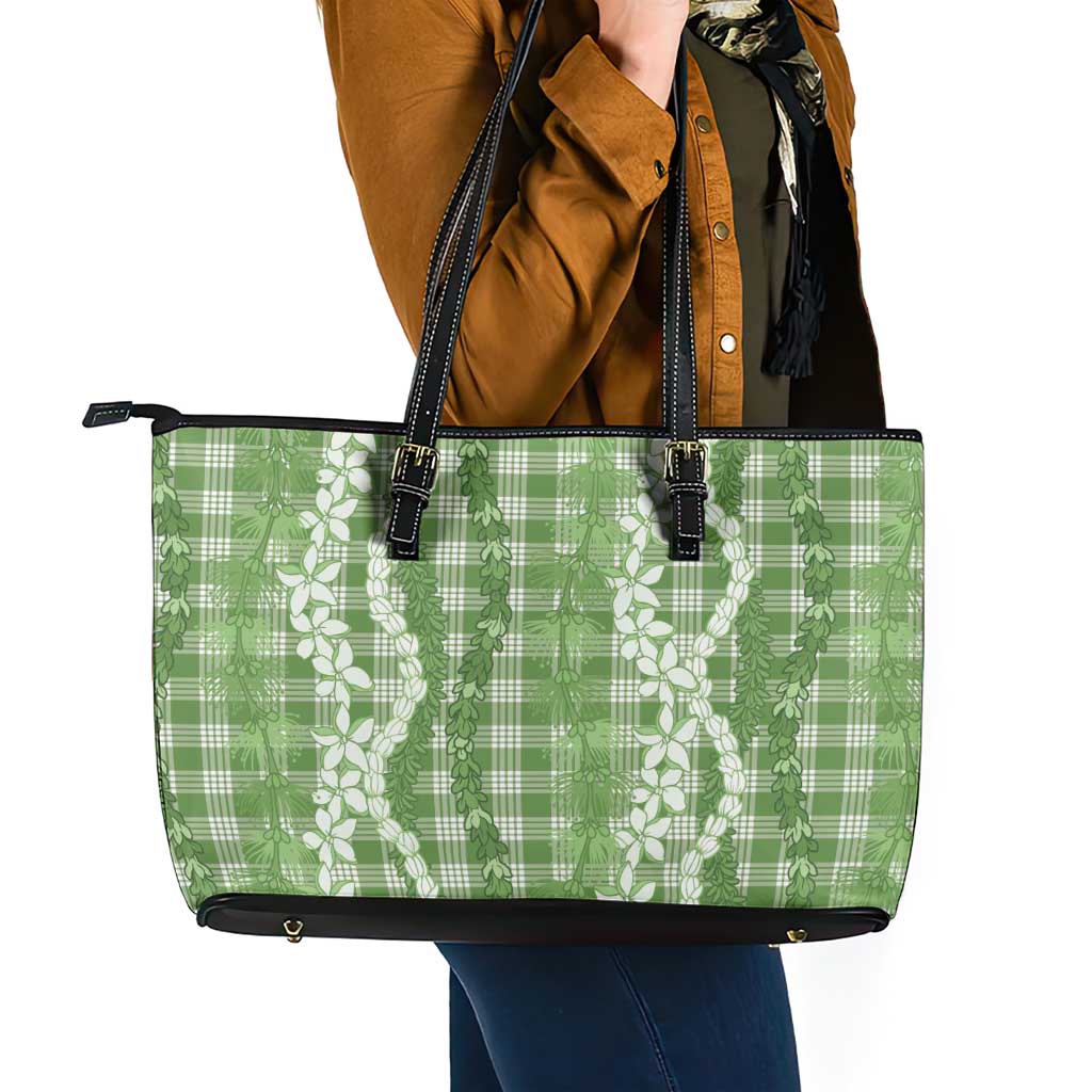 Hawaiian Ohia Lehua Lei Leather Tote Bag Plaid Palaka Omaomao Pattern - Polynesian Pride