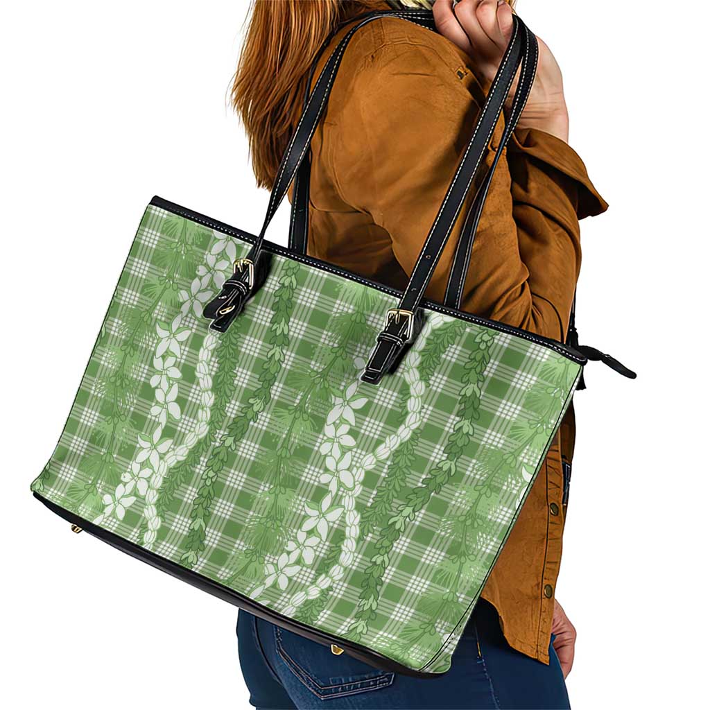 Hawaiian Ohia Lehua Lei Leather Tote Bag Plaid Palaka Omaomao Pattern - Polynesian Pride