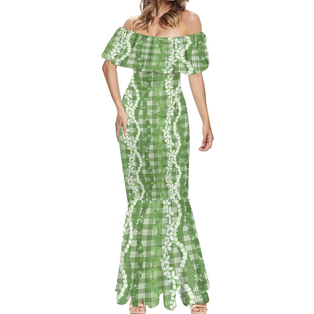 Hawaiian Ohia Lehua Lei Mermaid Dress Plaid Palaka Omaomao Pattern - Polynesian Pride