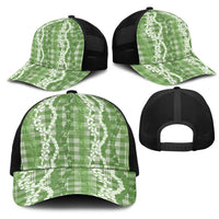 Hawaiian Ohia Lehua Lei Mesh Trucker Cap Plaid Palaka Omaomao Pattern - Polynesian Pride