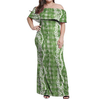 Hawaiian Ohia Lehua Lei Off Shoulder Maxi Dress Plaid Palaka Omaomao Pattern - Polynesian Pride