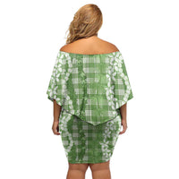 Hawaiian Ohia Lehua Lei Off Shoulder Short Dress Plaid Palaka Omaomao Pattern - Polynesian Pride