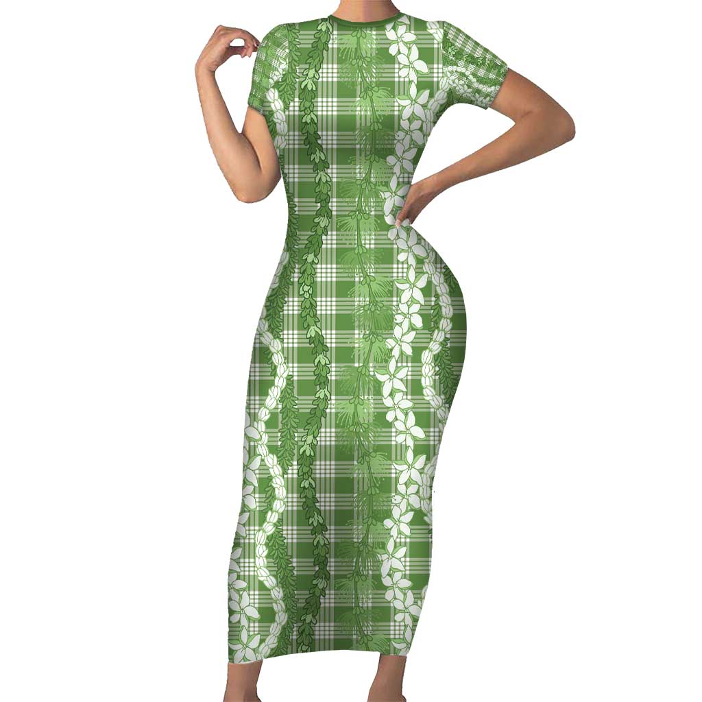 Hawaiian Ohia Lehua Lei Short Sleeve Bodycon Dress Plaid Palaka Omaomao Pattern - Polynesian Pride