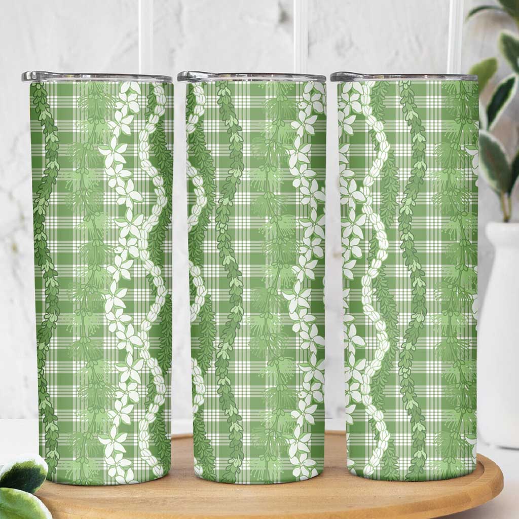 Hawaiian Ohia Lehua Lei Skinny Tumbler Plaid Palaka Omaomao Pattern - Polynesian Pride