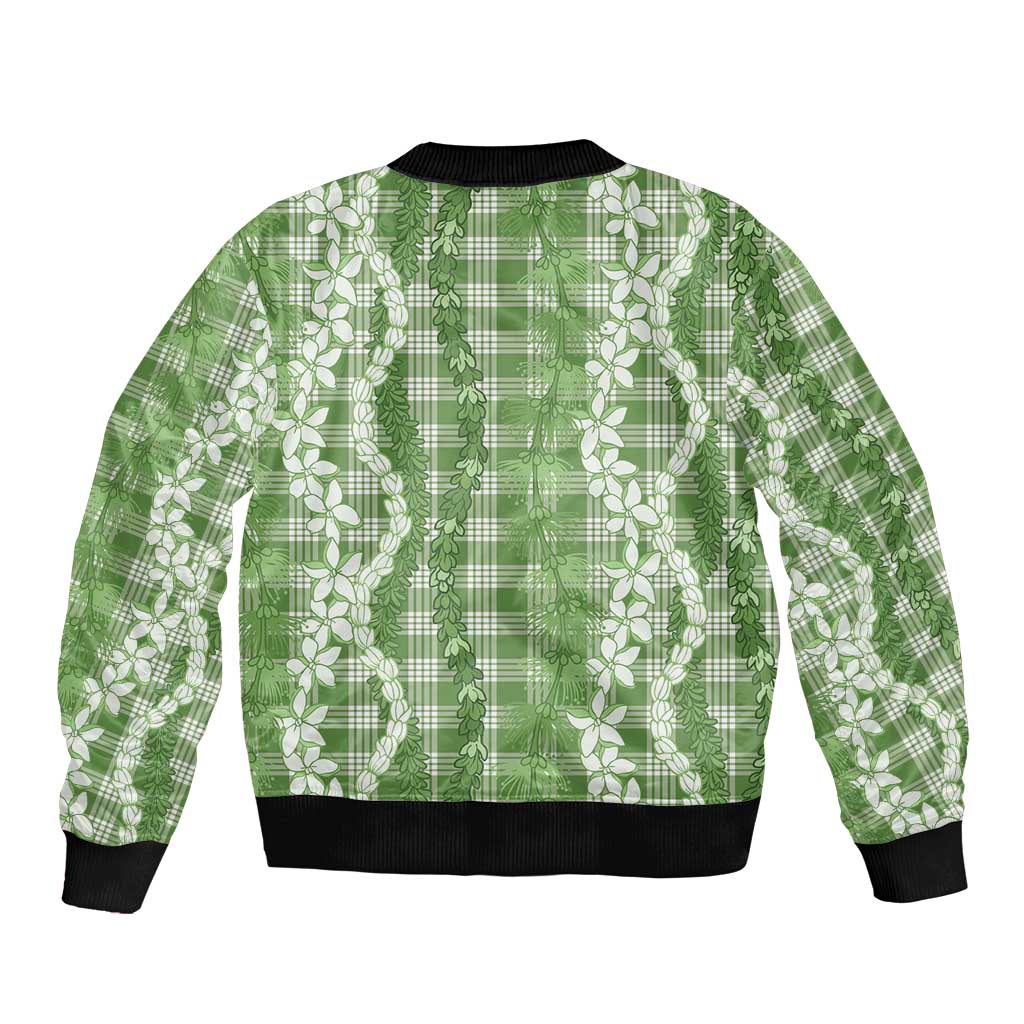 Hawaiian Ohia Lehua Lei Sleeve Zip Bomber Jacket Plaid Palaka Omaomao Pattern - Polynesian Pride
