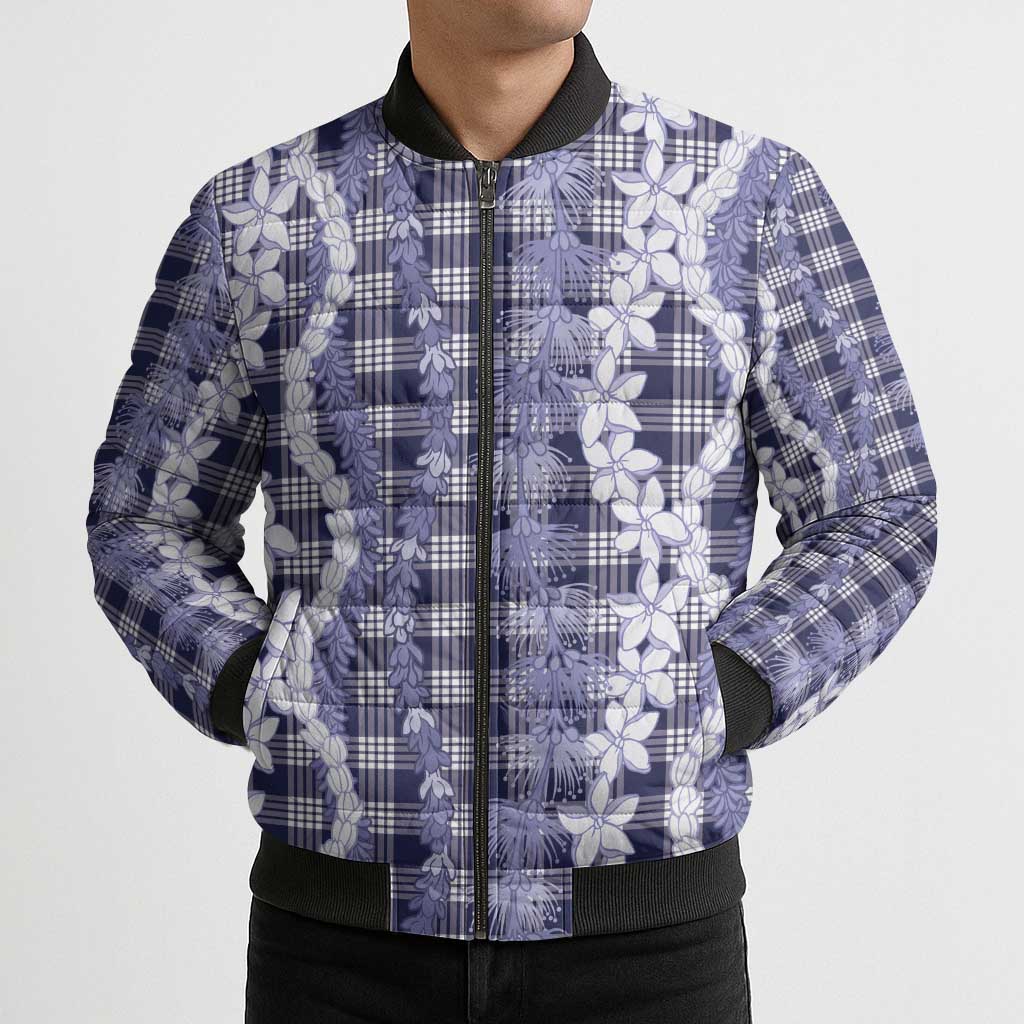 Hawaiian Ohia Lehua Lei Bomber Puffer Jacket Plaid Palaka Uliuli hohonu Pattern - Polynesian Pride