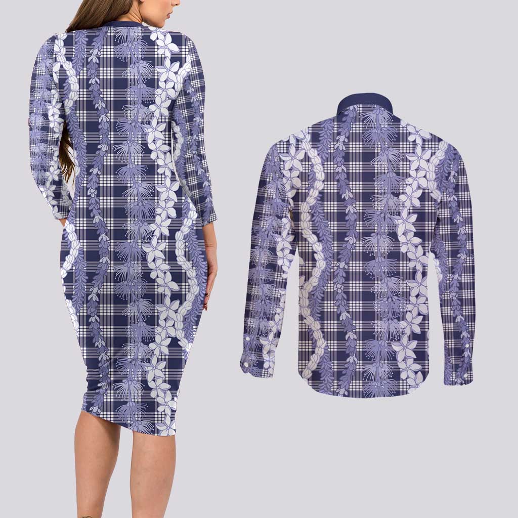 Hawaiian Ohia Lehua Lei Couples Matching Long Sleeve Bodycon Dress and Long Sleeve Button Shirt Plaid Palaka Uliuli hohonu Pattern - Polynesian Pride