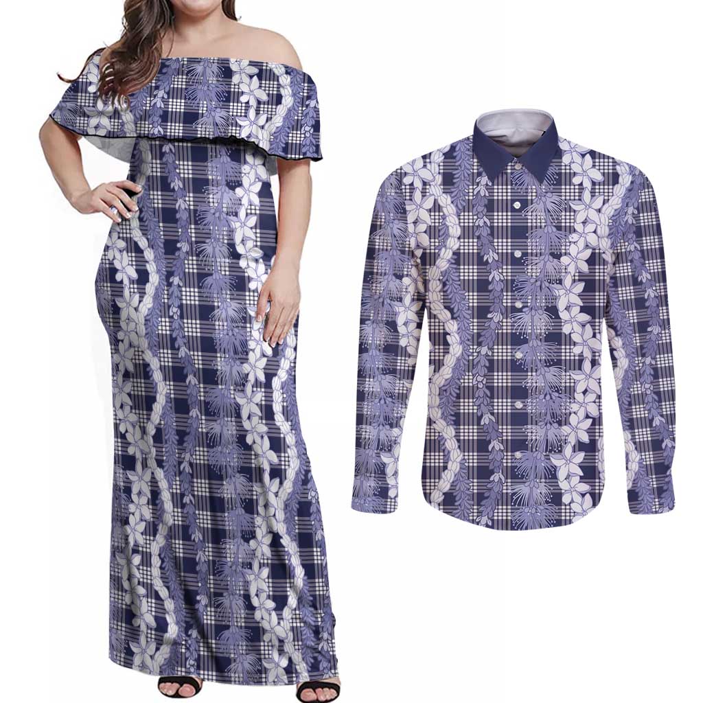 Hawaiian Ohia Lehua Lei Couples Matching Off Shoulder Maxi Dress and Long Sleeve Button Shirt Plaid Palaka Uliuli hohonu Pattern - Polynesian Pride