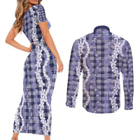Hawaiian Ohia Lehua Lei Couples Matching Short Sleeve Bodycon Dress and Long Sleeve Button Shirt Plaid Palaka Uliuli hohonu Pattern - Polynesian Pride