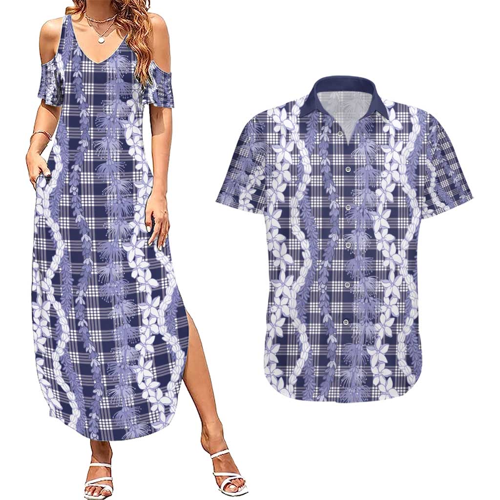 Hawaiian Ohia Lehua Lei Couples Matching Summer Maxi Dress and Hawaiian Shirt Plaid Palaka Uliuli hohonu Pattern - Polynesian Pride