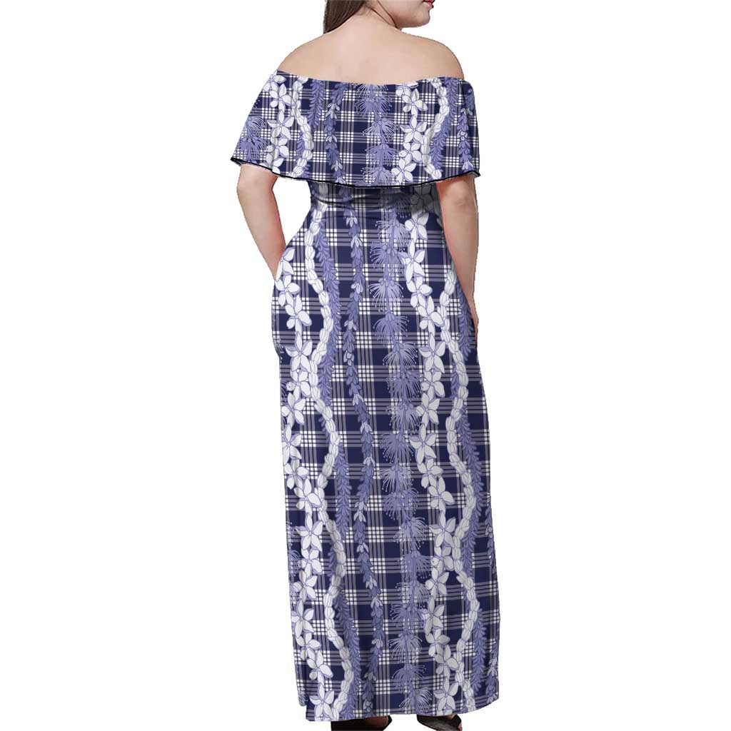 Hawaiian Ohia Lehua Lei Family Matching Off Shoulder Maxi Dress and Hawaiian Shirt Plaid Palaka Uliuli hohonu Pattern - Polynesian Pride