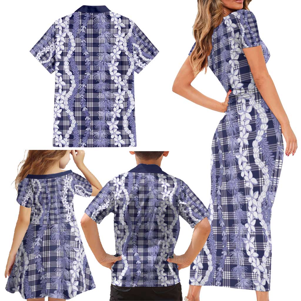 Hawaiian Ohia Lehua Lei Family Matching Short Sleeve Bodycon Dress and Hawaiian Shirt Plaid Palaka Uliuli hohonu Pattern - Polynesian Pride