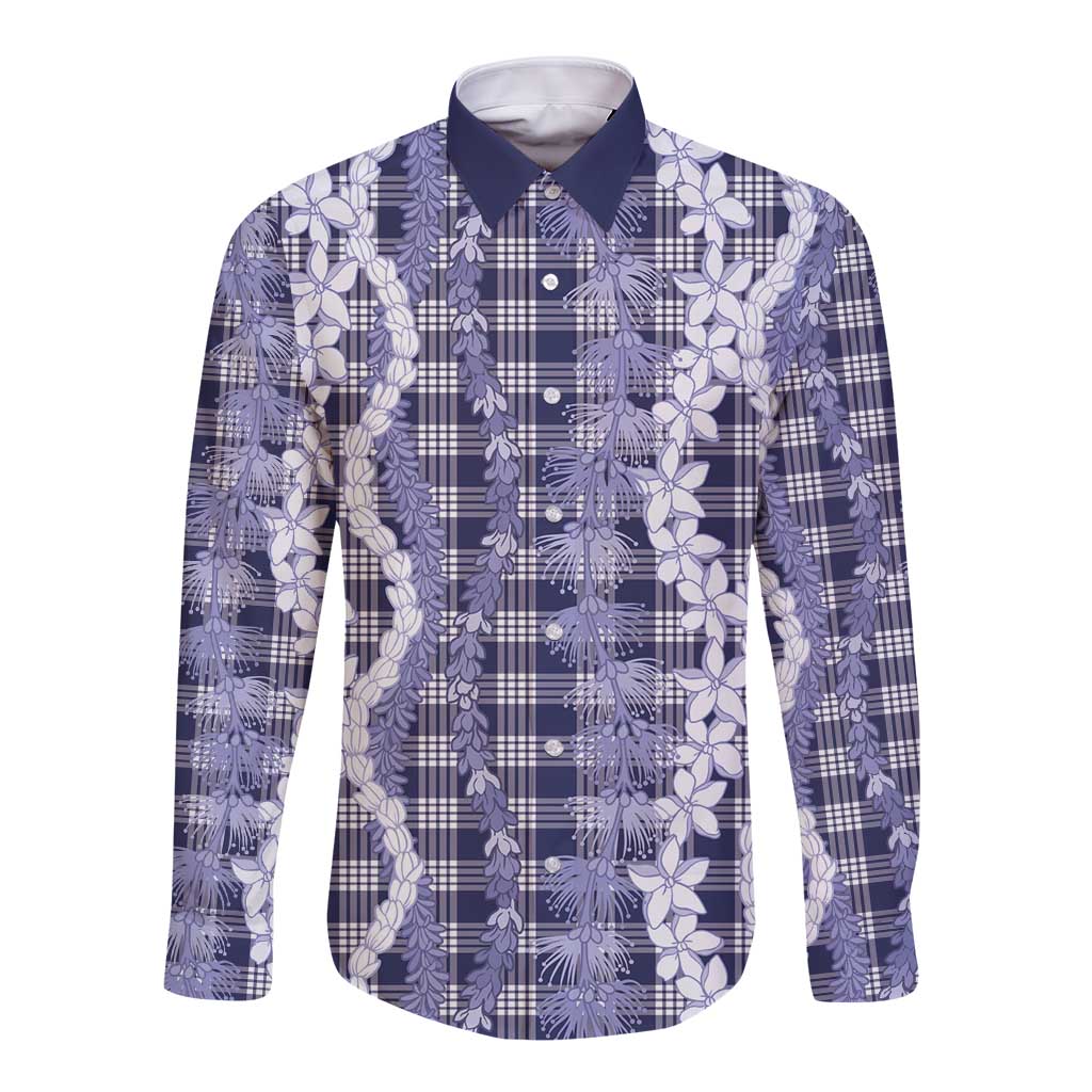 Hawaiian Ohia Lehua Lei Long Sleeve Button Shirt Plaid Palaka Uliuli hohonu Pattern - Polynesian Pride
