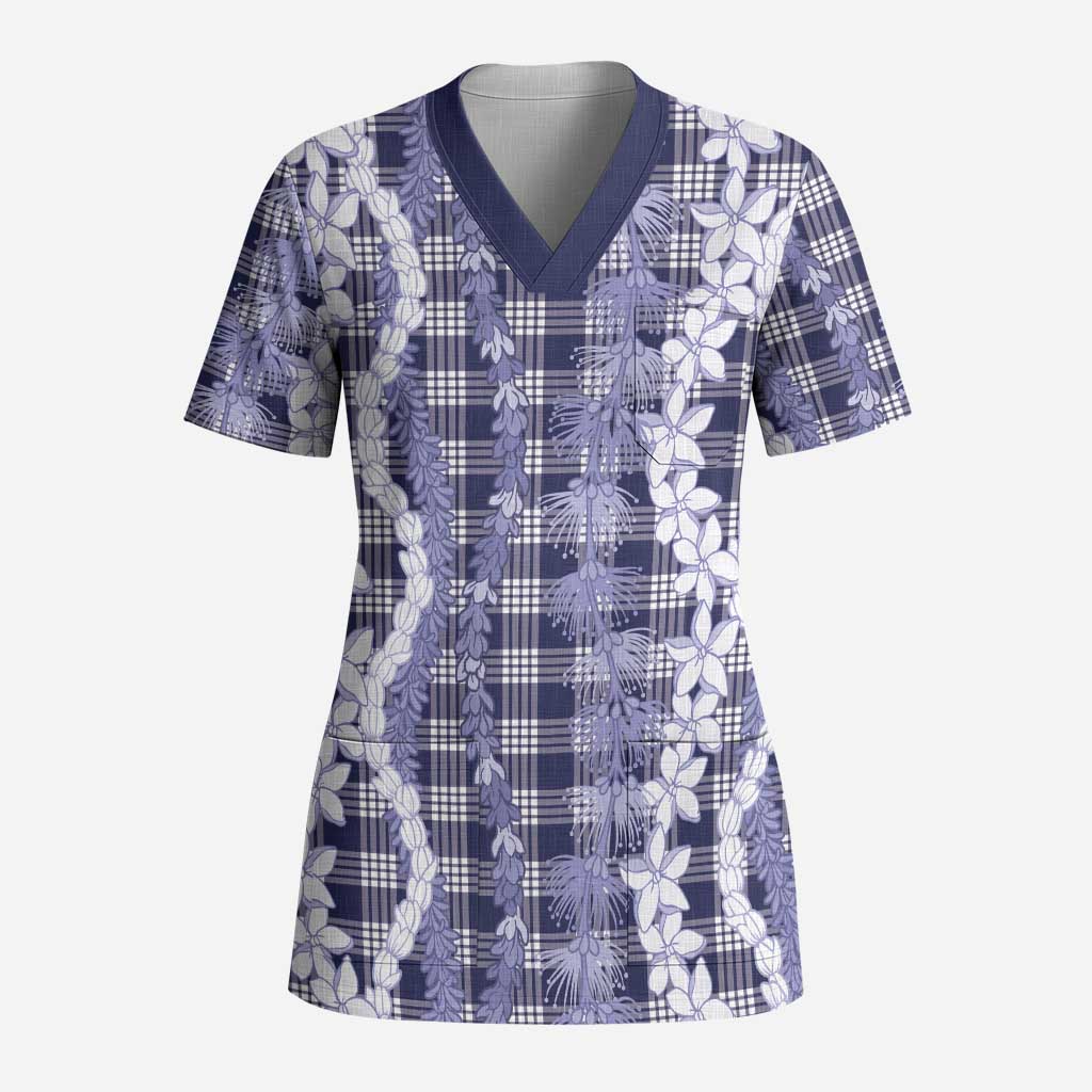 Hawaiian Ohia Lehua Lei Scrub Top Plaid Palaka Uliuli hohonu Pattern - Polynesian Pride