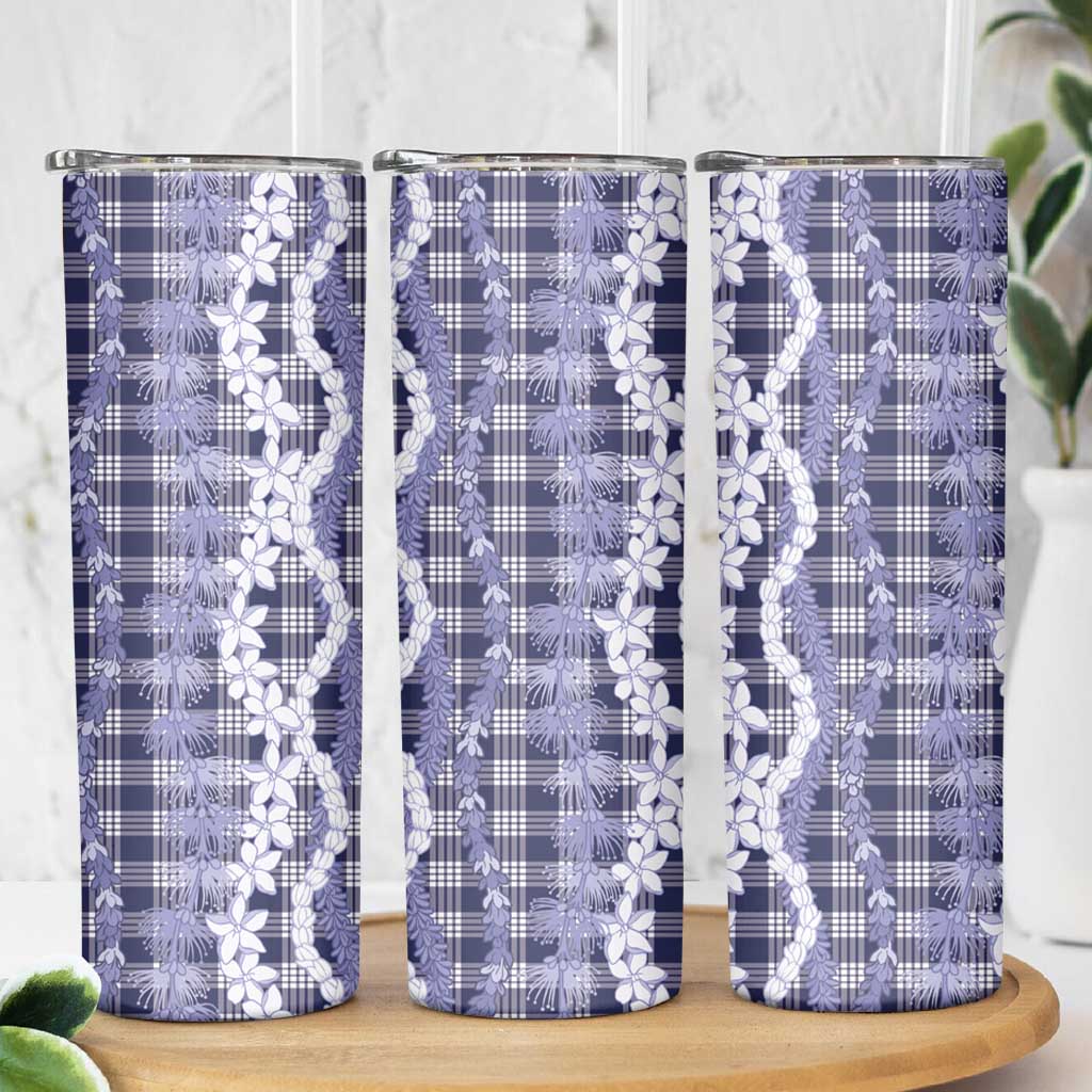 Hawaiian Ohia Lehua Lei Skinny Tumbler Plaid Palaka Uliuli hohonu Pattern - Polynesian Pride