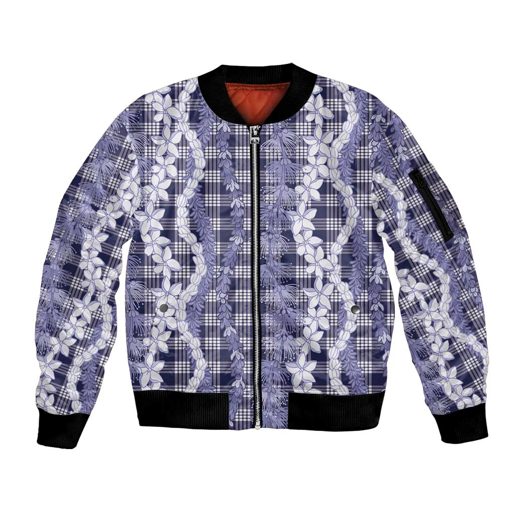 Hawaiian Ohia Lehua Lei Sleeve Zip Bomber Jacket Plaid Palaka Uliuli hohonu Pattern - Polynesian Pride